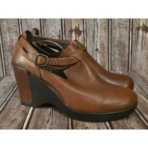 Sz 40 / 9.5-10 Dansko Franka Brown Leather Wedge Belted Clogs Boots Heels VGUC!